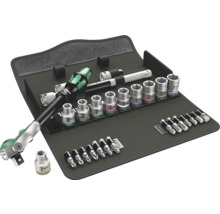 Verktygssats med spärrhandtag, hylsor och bits i en väska