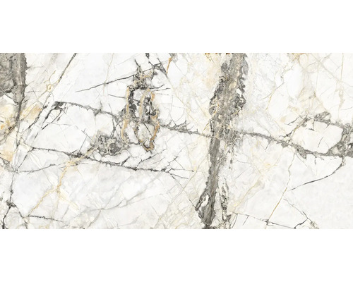 Klinker Calabria polerad vit guld 60x120x0,85cm marmoroptik Kakelmönster med marmorutseende och fina grå ådror