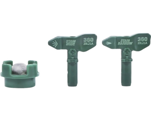 Tre gröna sprutmunstycken för färgsprututrustning med beteckningarna Stain Wide, Stain Narrow och ett filter.