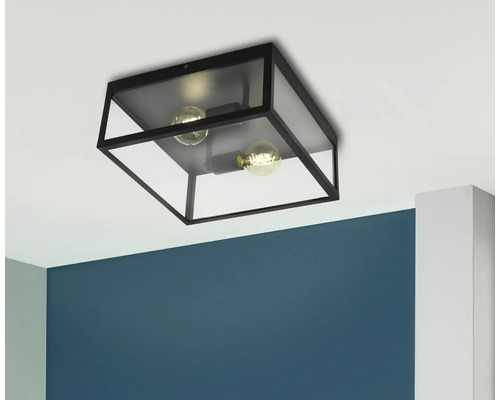 Taklampa med två glödlampor och svart ram