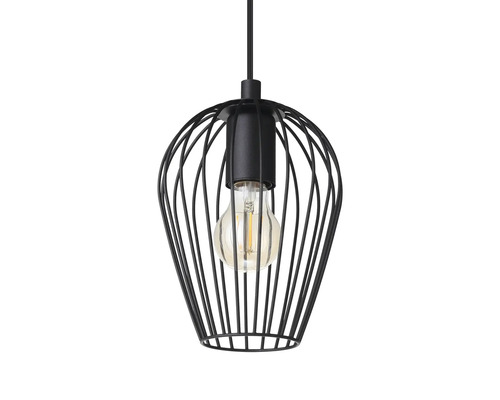 Svart hänglampa med trådskärm och glödlampa