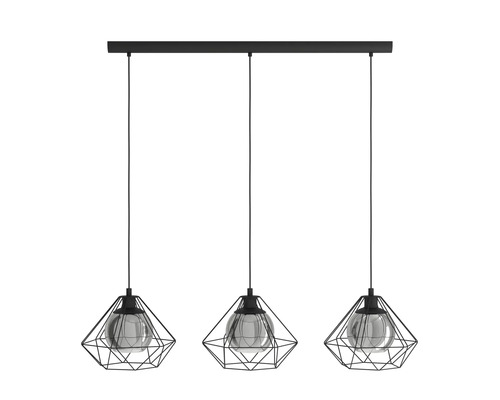 Taklampa med tre geometriska lampskärmar och metallram