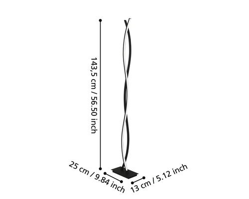 Golvlampa med måtten 143,5 cm höjd, 25 cm längd och 13 cm bredd.