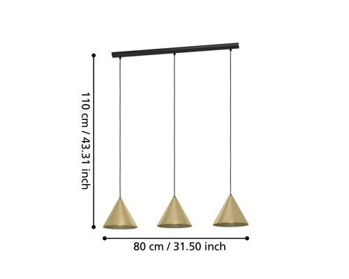 Pendellampa med tre lampskärmar och mått.