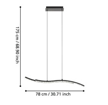 Vågformad hänglampa med måtten 78 cm gånger 175 cm.