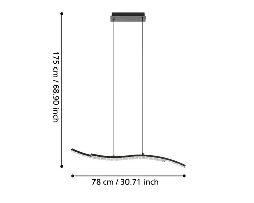 Vågformad hänglampa med måtten 78 cm gånger 175 cm.