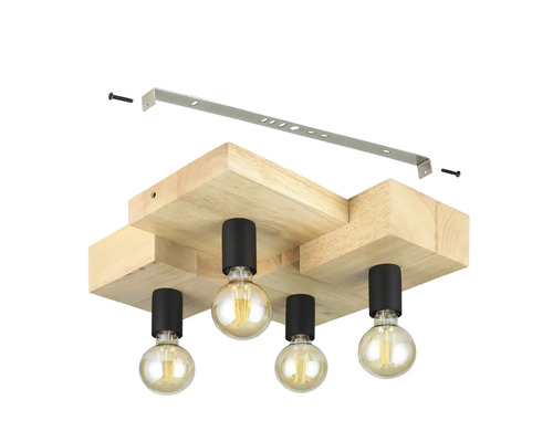 Taklampa i trä med fyra lampor och fästmaterial