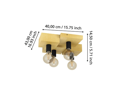 Taklampa i trä med fyra glödlampor och måttangivelser
