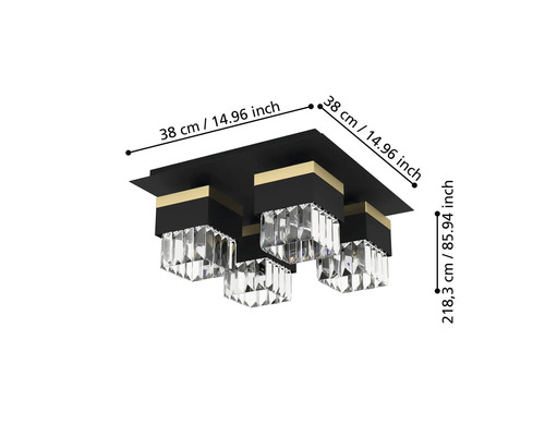 Svart taklampa med kristallelement och mått