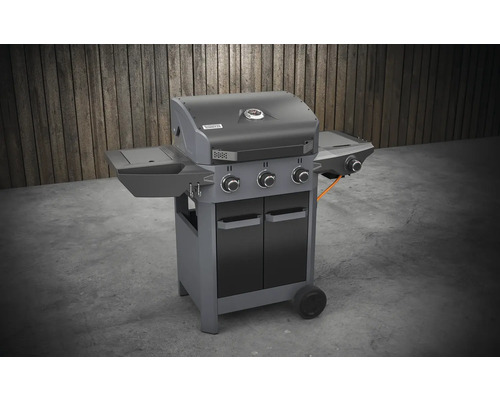 Gasolgrill med tre brännare, sidobord och skåp