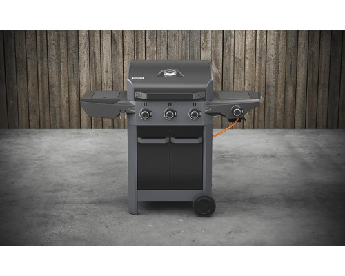 Gasolgrill med tre brännare, sidobord och underskåp