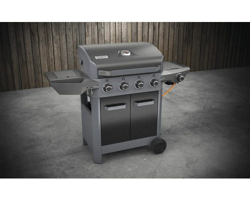 Gasolgrill med fyra brännare, hyllor, underskåp och hjul