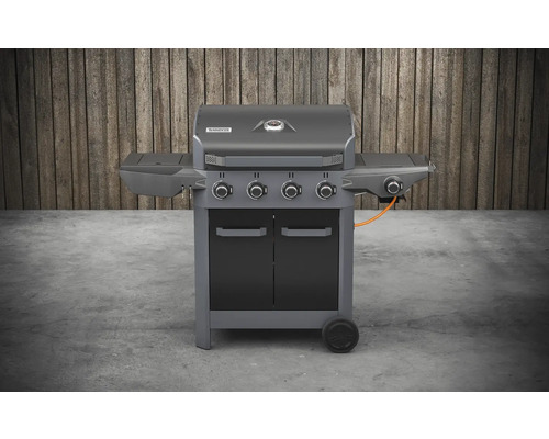 Gasolgrill med fyra brännare, sidobord och underskåp