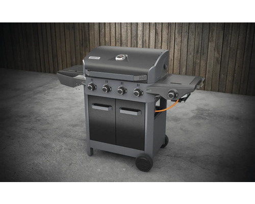 Gasolgrill med fyra brännare, sidobord och underskåp