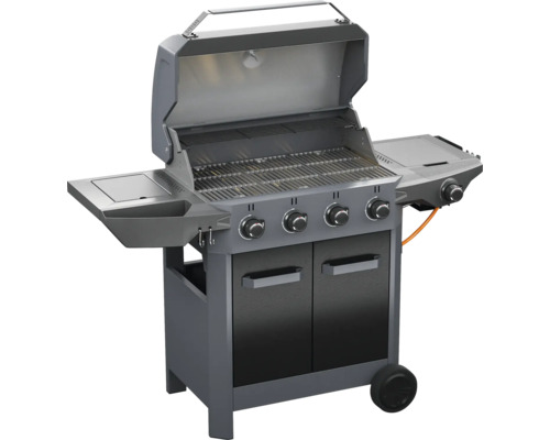 Gasolgrill med fyra brännare, avlastningsytor och underskåp