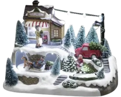 Juldekoration KONSTSMIDE Granförsäljning 10 flerfärgade LED 17cm med musik batteridriven Dekorativ julscen med figurer, hus, julgranar och belysning