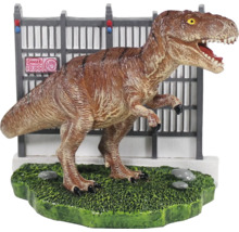 Tyrannosaurus Rex figur framför ett staket och en varningsskylt