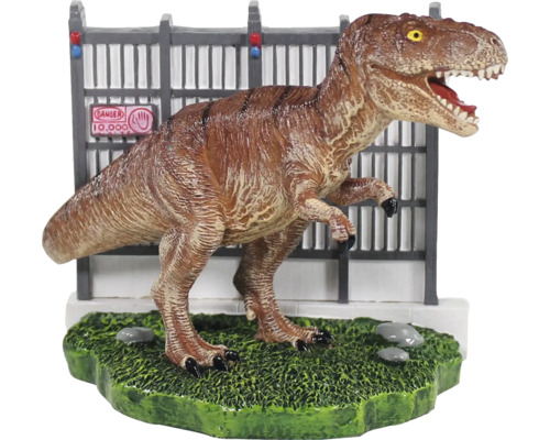 Tyrannosaurus Rex figur framför ett staket och en varningsskylt