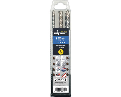 Alpen SDS-plus borr set med tre borrar i storlekarna 6, 8 och 10 mm, längd 160 mm