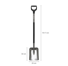 Snöskyffel med D-handtag, mått 131,7 cm lång, 32 cm hög och 23 cm bred