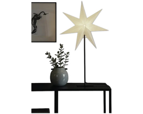 Adventsstjärna KONSTSMIDE på fot 80cm Dekorativ scen med stjärnlampa, växt och inramad bild på ett bord