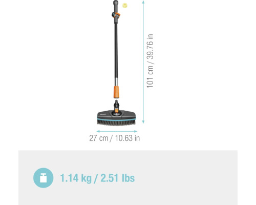 Gardena tvättborste med vattenanslutning, längd 101 cm, borstbredd 27 cm