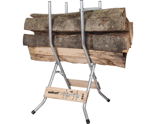 Wolfcraft logotyp. Vedbock med ved