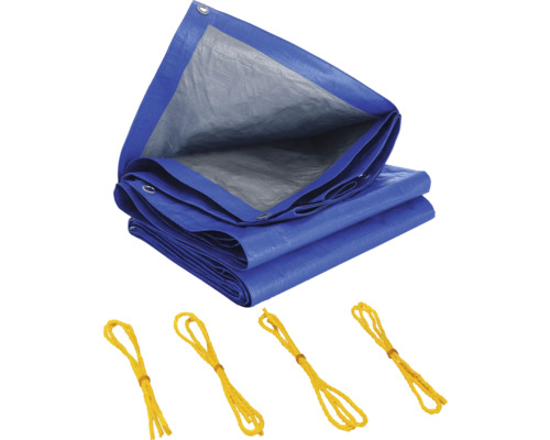 Blå presenning med öljetter och gula spännband