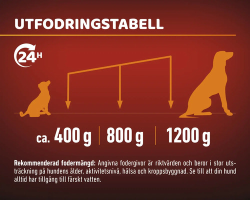 Utfodringstabell för hundar med rekommendationer om utfodring i gram
