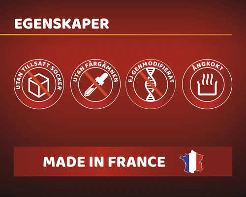 Egenskaper: Utan tillsatt socker, utan färgämnen, ej genmodifierad, ångkokt, tillverkad i Frankrike