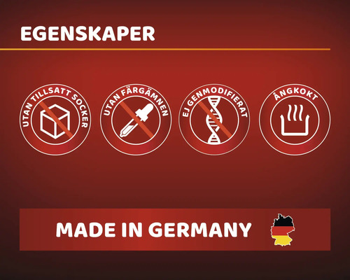 Produktegenskaper: Utan tillsatt socker, utan färgämnen, ej genmodifierad, ångkokt, Tillverkad i Tyskland