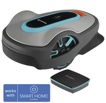 Gardena robotgräsklippare med laddstation och Smart Home-logotyp