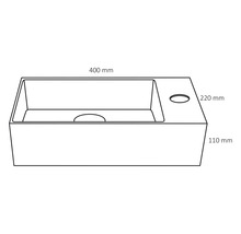 Skiss av ett tvättställ med måtten 400 mm bredd, 220 mm djup och 110 mm höjd.