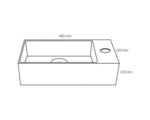 Skiss av ett tvättställ med måtten 400 mm bredd, 220 mm djup och 110 mm höjd.
