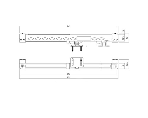 Teknisk ritning av ett fönsterbeslag med måttangivelser.
