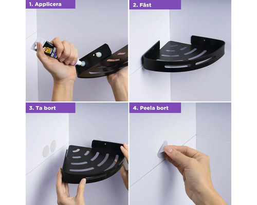 Monteringsanvisning i fyra steg för en svart hörnhylla för badrummet