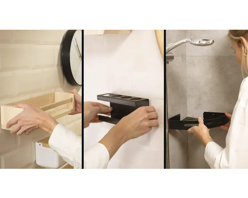 Bilder av installationen av badrumshyllor i olika utföranden.