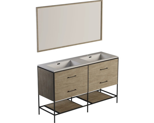 Tvättställsskåp med två handfat och matchande spegel för badrummet