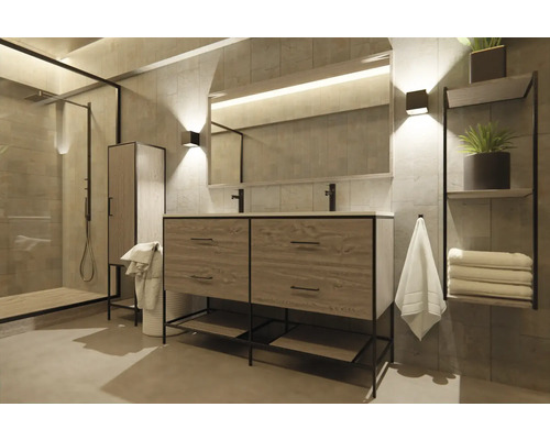 Ljust badrum med tvättställ, spegel, hylla och dusch