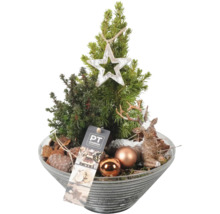 Juldekoration med litet träd, stjärna, hjort och bollar i en skål.