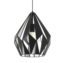 Svart hänglampa med geometrisk design och glödlampa