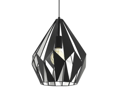 Svart hänglampa med geometrisk design och glödlampa