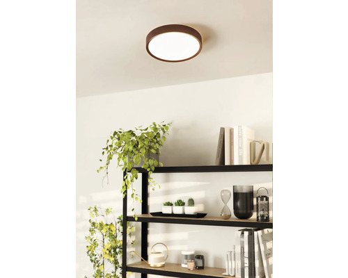 Taklampa med rund lampskärm i taket ovanför en hylla