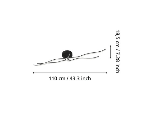 Mått på LED taklampa, 110 cm bred och 18,5 cm hög