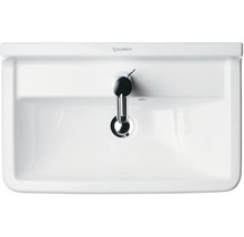 Ovanifrånvy av ett vitt keramiskt handfat med kromad kran och Duravit-logotyp