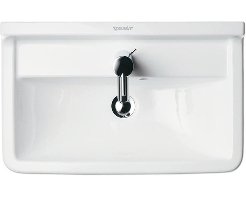Ovanifrånvy av ett vitt keramiskt handfat med kromad kran och Duravit-logotyp