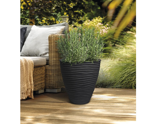 Svart planteringskärl med vågformad design och rosmarinväxt på en terrass