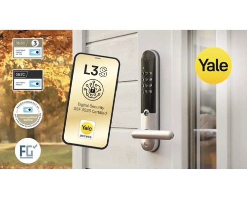 Yale Smart Lock med digital säkerhet och tillhörande smartphoneapp bredvid SBSC certifieringarna, rekommenderad av Stöldskyddsföreningen och FG
