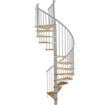 Spiraltrappa med trätrappsteg och metallräcke