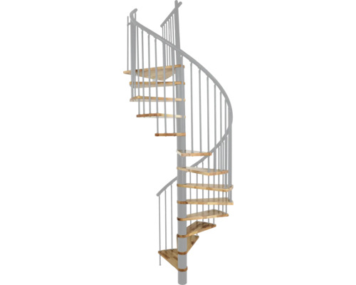 Spiraltrappa med trätrappsteg och metallräcke